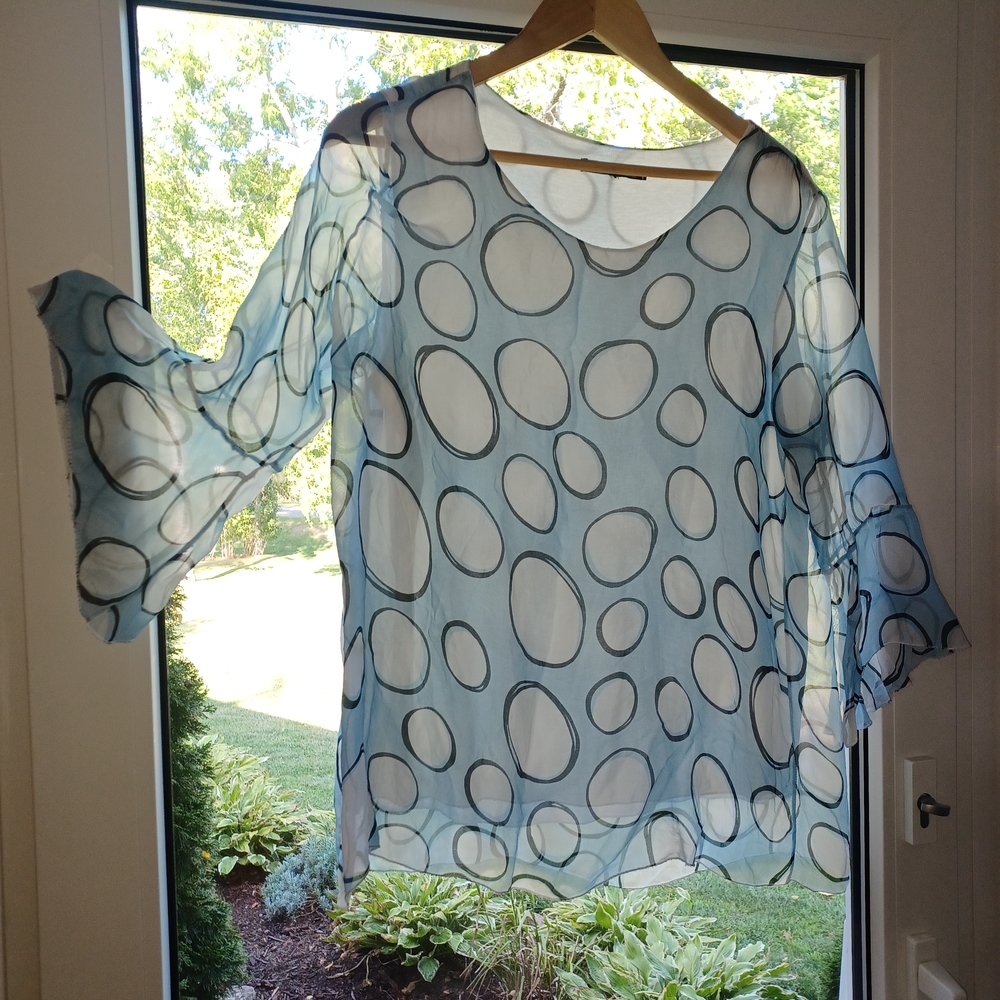 CHARLIE B Blue Sheer Polka Dot Blouse